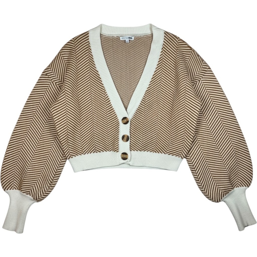 Fashion Nova Herringbone Cropped Cardigan Sweater XL Brown White 90486N